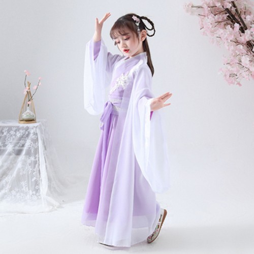 Girls white pink purple Hanfu fairy dresses chinese ancient folk costumes for kids guzheng performance dress xmas birthday gift drama film princess cosplay dress
